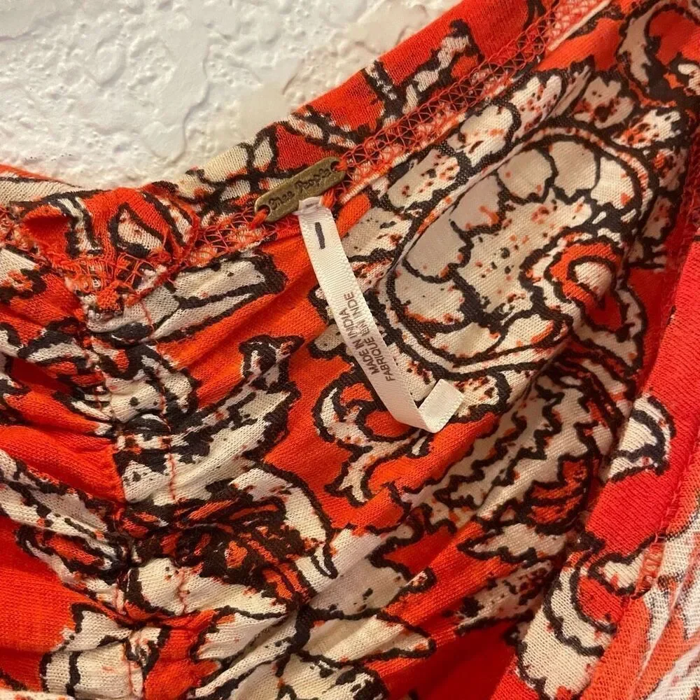 Free People Say The Word Orange Ruby Red Bohemian Peasant Floral Blouse Size Sma